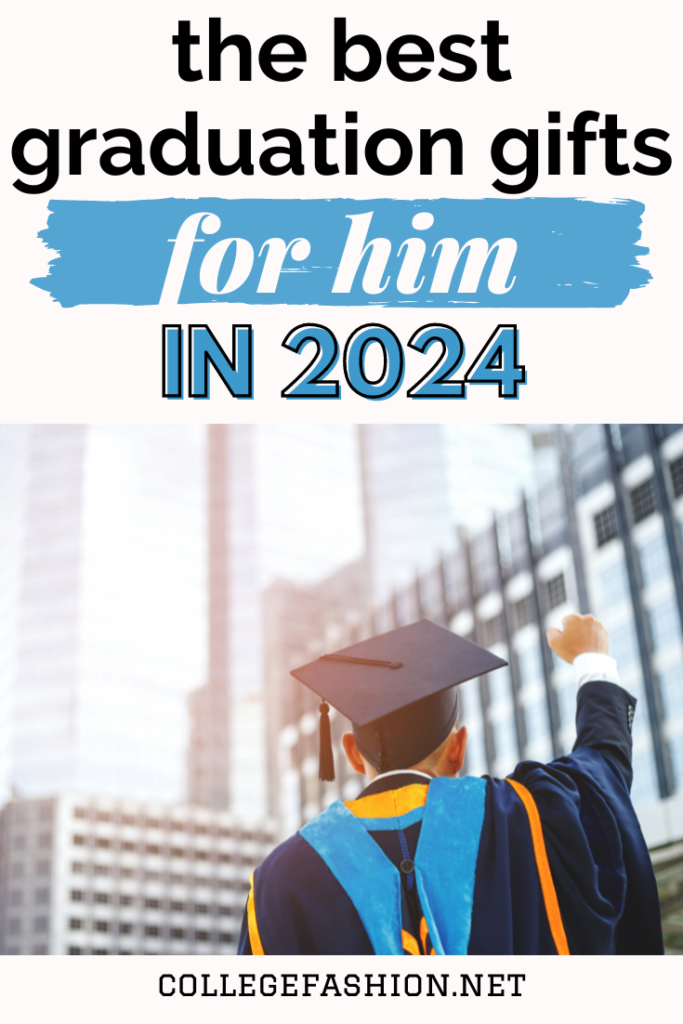 The Best Graduation Gifts for Him in 2024 header image with photo of male graduate with black and blue robes and cap