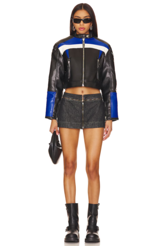 Leather biker jacket and mini skirt outfit inspired by 80s fashion