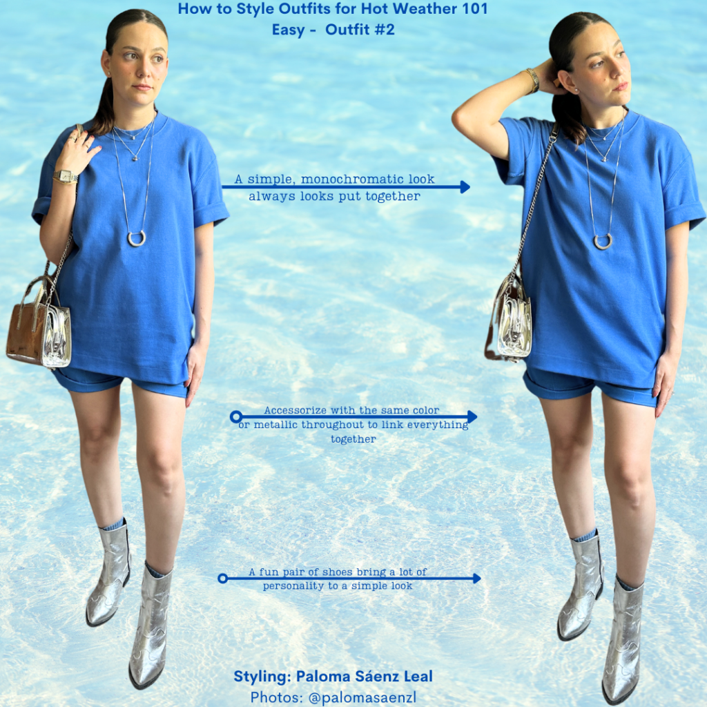 How to Style Outfits for Hot Weather Outfit 2: Bright blue oversized t-shirt, bright blue shorts, silver cowboy boots, silver crossbody bag, silver accessories