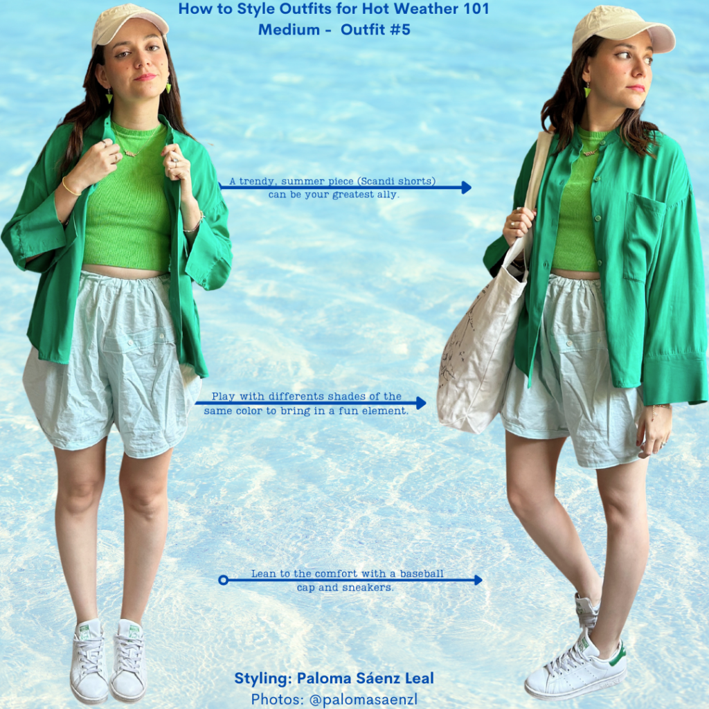 How to Style Outfits for Hot Weather Outfit 5: Green tank top, green button down shirt, mint Scandi shorts, white sneakers, white baseball cap, white tote bag, green earrings