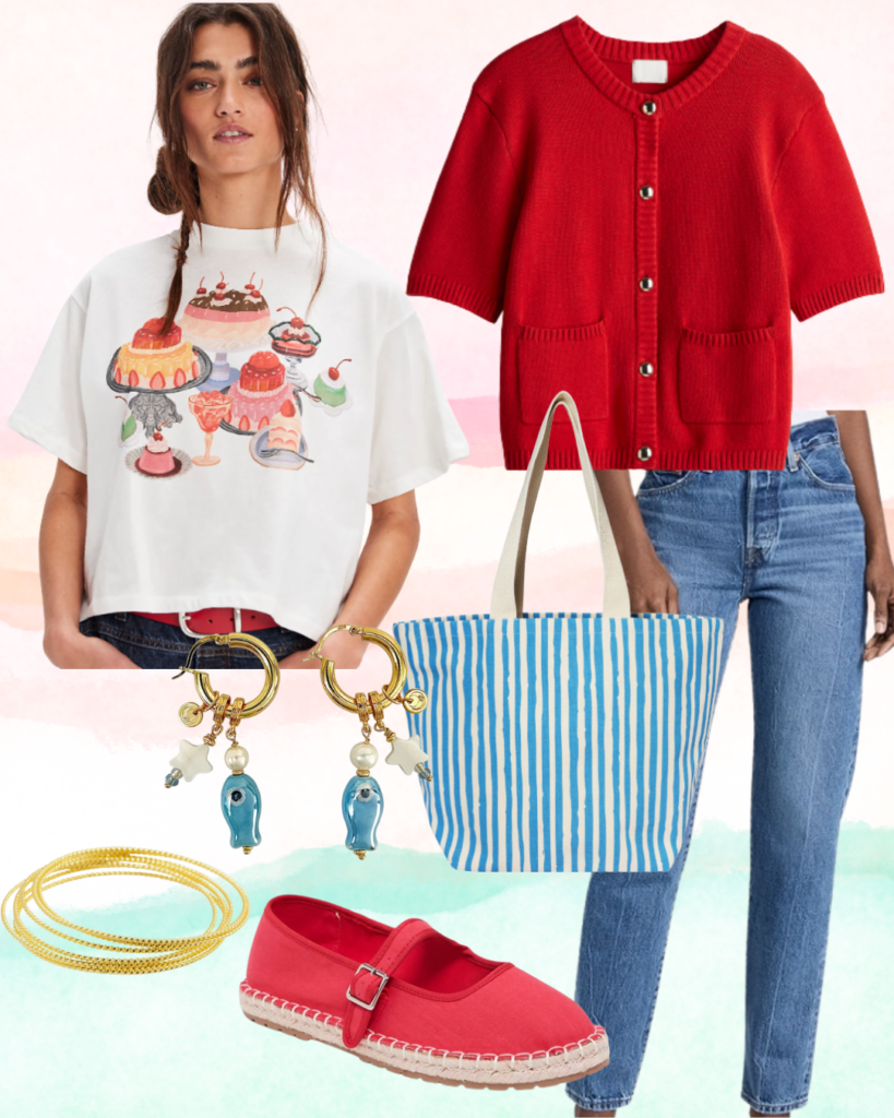 Jeans and graphic tee outfit idea with medium wash straight leg jeans, cropped tee shirt with cake graphics, red short-sleeve cardigan with buttons, light blue and white tote bag, fish earrings, gold bangles, and red espadrille flats