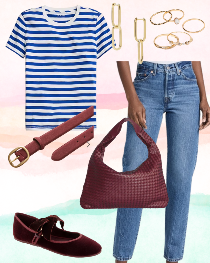 Jeans and striped t-shirt outfit with blue straight leg jeans, cobalt blue and white striped t-shirt, gold jewelry, burgundy belt, burgundy woven tote bag, burgundy velvet flats