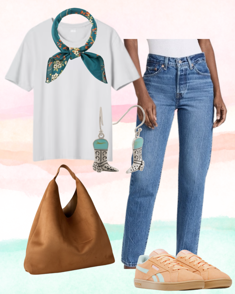 Cute and non-basic jeans and t-shirt outfit with white tee, medium wash straight leg jeans, teal floral neck scarf, camel suede slouchy tote bag, orange Reebok sneakers, and turquoise and silver cowboy boot earrings
