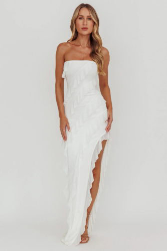 selfie leslie white ruffled maxi dress