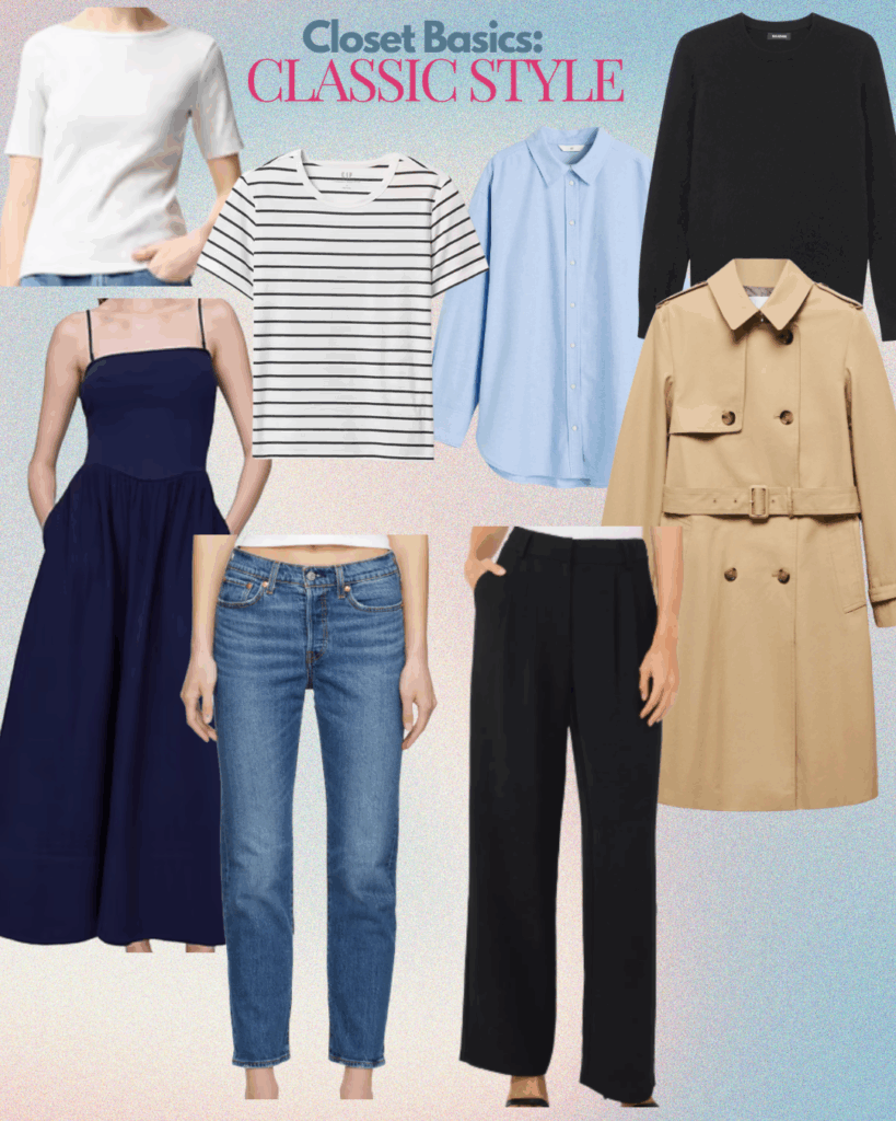 Classic items: WhiteT-Shirt, Striped T-shirt, Blue Shirt, Sweater, Trousers, Jeans, Dress, Trench coat