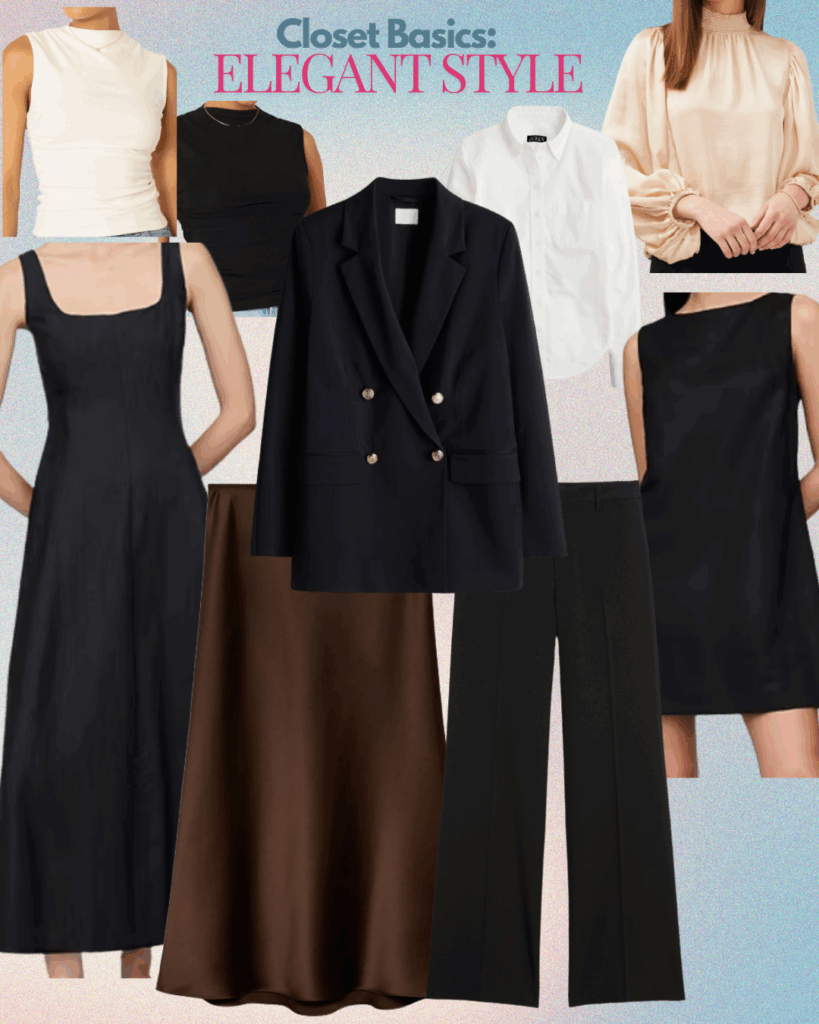 Elegant Items: Mock neck tops, Halter blouse, Shirt, Long-sleeve blouse, Long Dress, Short Dress, Trousers, Skirt, Blazer