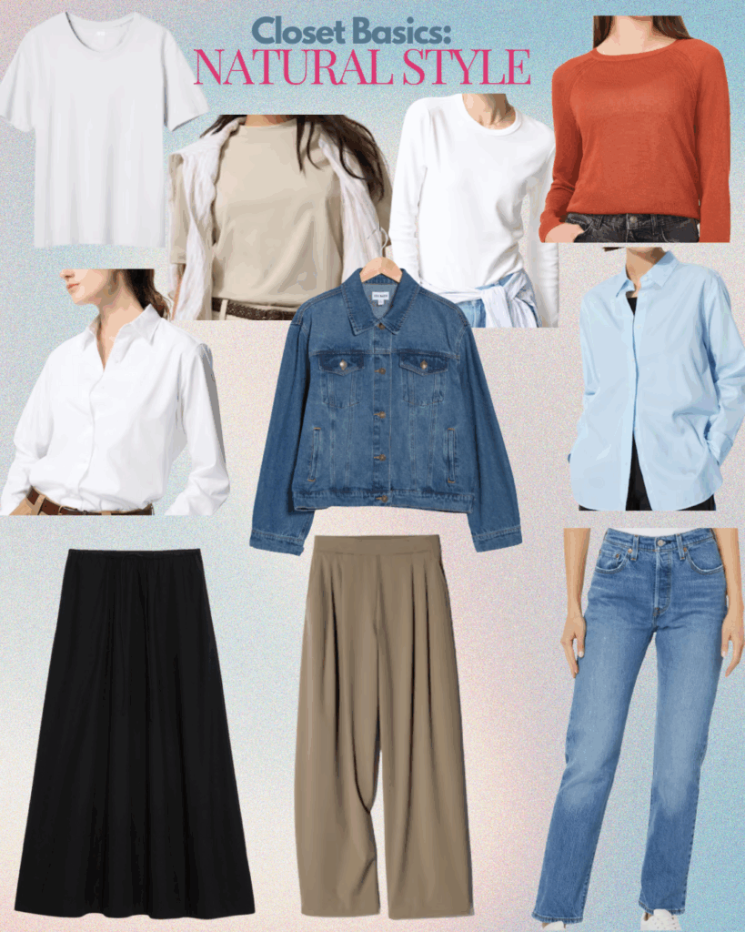 Natural mood board: T-shirts, Sweater, Jeans, Pants, Skirt, Jacket, White Shirt, Blue Shirt