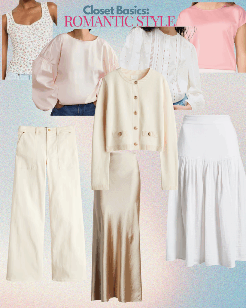 Romantic Items: Blouse, Tank top, Eyelet Blouse, Balloon Sleeves blouse, Satin Skirt, Jeans, Cotton skirt, Cardigan