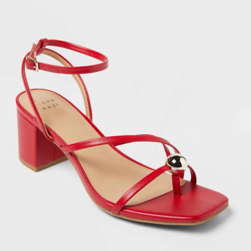 target red metal heeled sandals