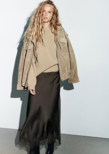 zara brown satin lace midi skirt