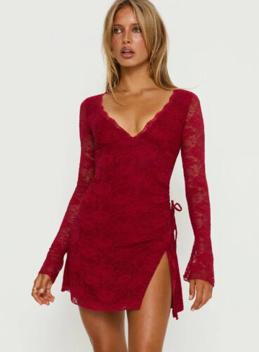 PP red lace long sleeve mini dress