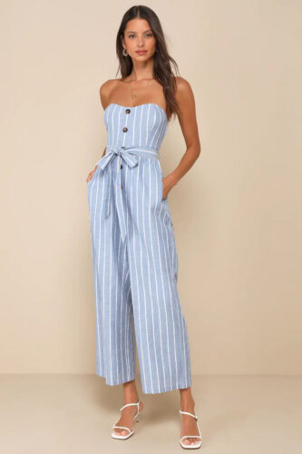 lulus blue white striped jumpsuit
