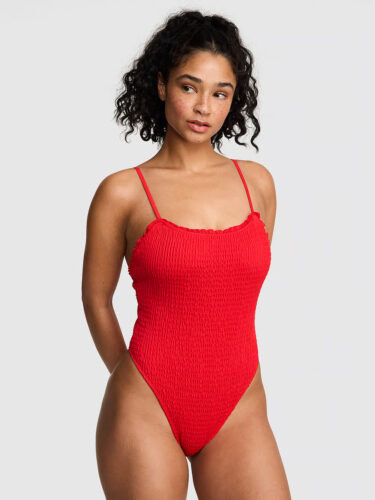 pink frankies red ruched swimsuit.